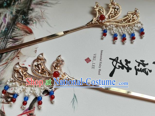 China Ancient Princess Tassel Hairpin Traditional Hanfu Hair Accessories Tang Dynasty Golden Hair Stick