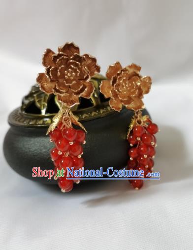 Handmade Chinese Traditional Tang Dynasty Princess Ear Accessories Ancient Palace Lady Golden Peony Earrings