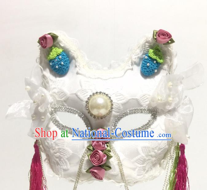 Handmade Stage Show Headpiece Halloween Cosplay Party Woman White Lace Cat Mask Carnival Full Face Mask