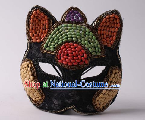 Handmade Carnival Colorful Beads Full Face Mask Stage Show Headpiece Halloween Cosplay Party Woman Black Lace Cat Mask