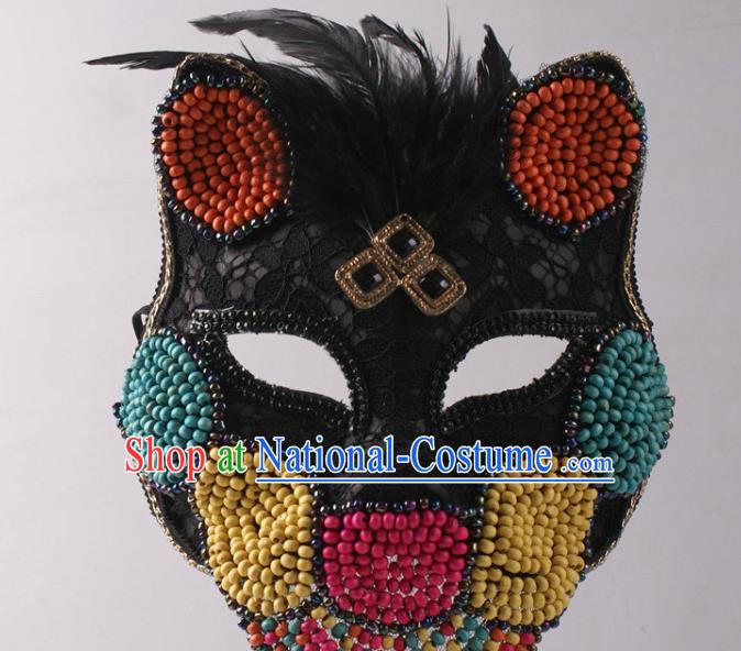 Halloween Party Male Cosplay Feather Mask Professional Stage Performance Black Lace Cat Face Mask Rio Carnival Headwear