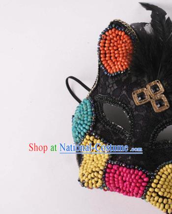 Halloween Party Male Cosplay Feather Mask Professional Stage Performance Black Lace Cat Face Mask Rio Carnival Headwear