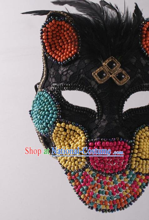 Halloween Party Male Cosplay Feather Mask Professional Stage Performance Black Lace Cat Face Mask Rio Carnival Headwear