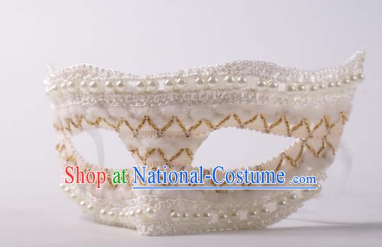 Handmade Halloween Cosplay Party Woman White Lace Mask Carnival Pearls Face Mask Stage Show Headpiece