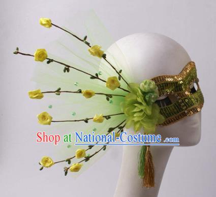 Handmade Halloween Cosplay Party Woman Green Flower Mask Carnival Sequins Face Mask Stage Show Blinder Headpiece