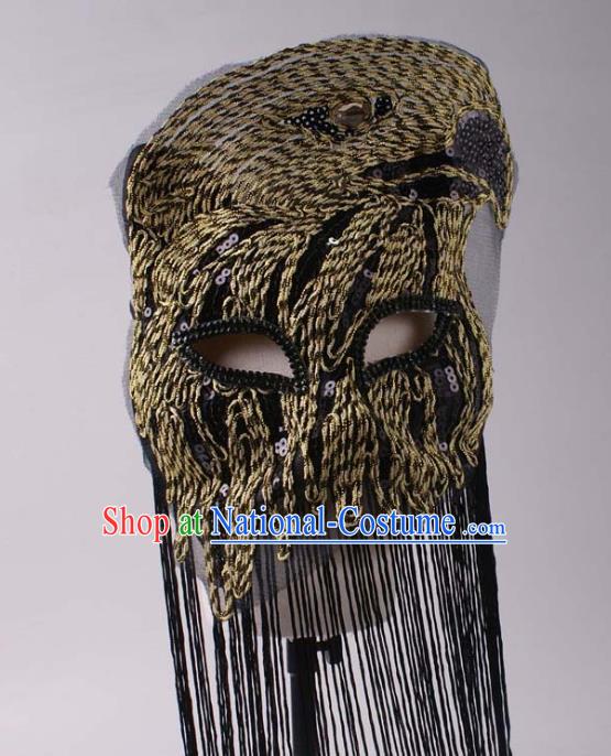 Halloween Party Male Cosplay Eagle Mask Professional Stage Performance Black Tassel Face Mask Rio Carnival Headwear