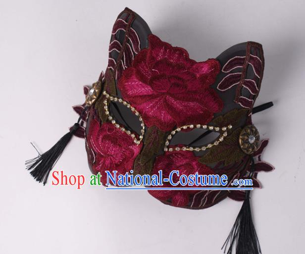 Handmade Stage Performance Blinder Headpiece Halloween Cosplay Party Wine Red Lace Mask Carnival Cat Full Face Mask