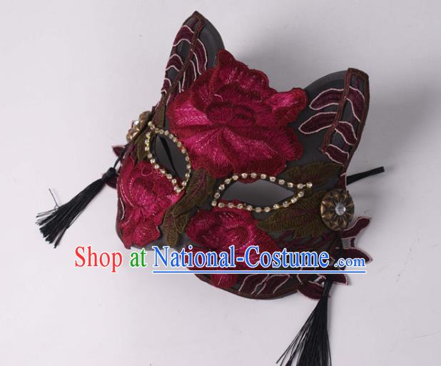 Handmade Stage Performance Blinder Headpiece Halloween Cosplay Party Wine Red Lace Mask Carnival Cat Full Face Mask