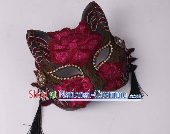 Handmade Stage Performance Blinder Headpiece Halloween Cosplay Party Wine Red Lace Mask Carnival Cat Full Face Mask