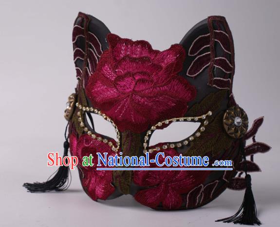 Handmade Stage Performance Blinder Headpiece Halloween Cosplay Party Wine Red Lace Mask Carnival Cat Full Face Mask