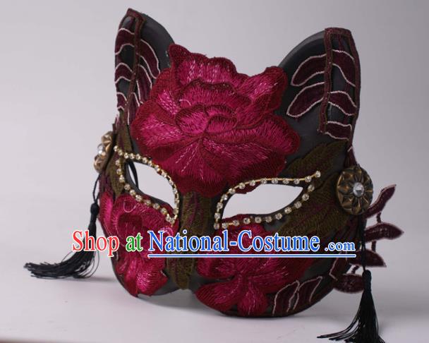 Handmade Stage Performance Blinder Headpiece Halloween Cosplay Party Wine Red Lace Mask Carnival Cat Full Face Mask