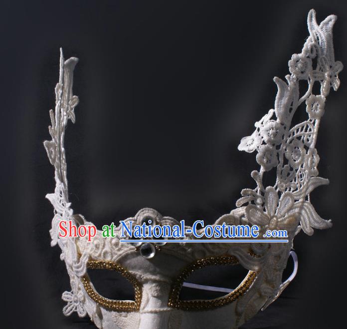 Professional Stage Performance Face Mask Rio Carnival Blinder Headwear Halloween Party Male Cosplay White Lace Mask