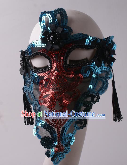 Handmade Costume Ball Female Face Mask Stage Show Blue Sequins Headpiece Halloween Cosplay Party Blinder Mask