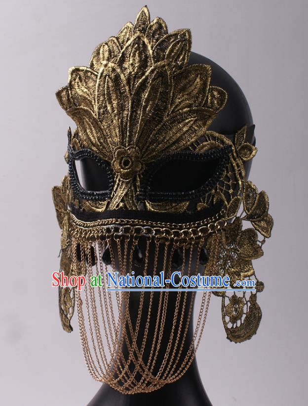 Professional Stage Performance Chain Tassel Full Face Mask Rio Carnival Headwear Halloween Party Male Cosplay Golden Lace Leaf Mask