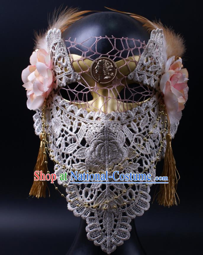 Handmade Costume Ball Queen Face Mask Stage Show White Lace Headpiece Halloween Cosplay Party Golden Blinder Mask