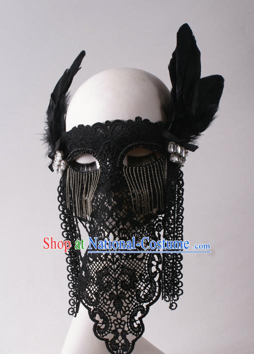 Handmade Stage Show Lace Headpiece Halloween Cosplay Party Blinder Mask Costume Ball Queen Black Feather Face Mask