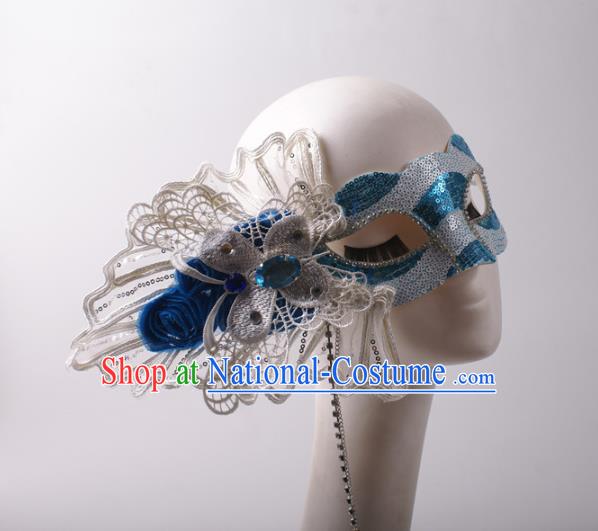 Handmade Stage Show Headpiece Halloween Cosplay Party Blue Sequins Blinder Mask Costume Ball Lace Butterfly Face Mask