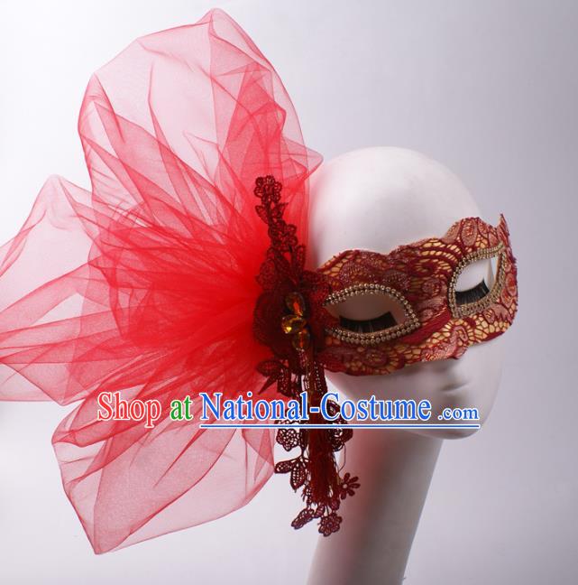 Handmade Costume Ball Female Face Mask Stage Show Headpiece Halloween Cosplay Party Red Veil Blinder Mask