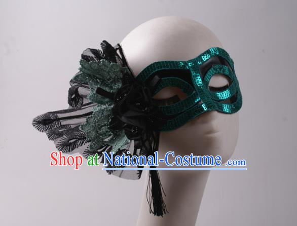 Handmade Halloween Cosplay Party Blue Sequins Blinder Mask Costume Ball Lace Peacock Face Mask Stage Show Headpiece