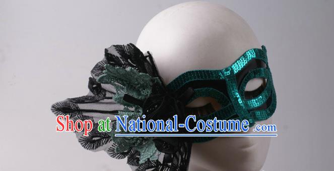 Handmade Halloween Cosplay Party Blue Sequins Blinder Mask Costume Ball Lace Peacock Face Mask Stage Show Headpiece