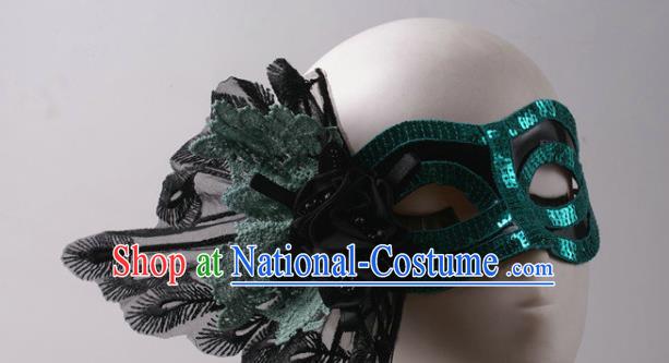 Handmade Halloween Cosplay Party Blue Sequins Blinder Mask Costume Ball Lace Peacock Face Mask Stage Show Headpiece