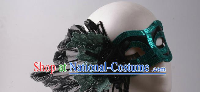 Handmade Halloween Cosplay Party Blue Sequins Blinder Mask Costume Ball Lace Peacock Face Mask Stage Show Headpiece