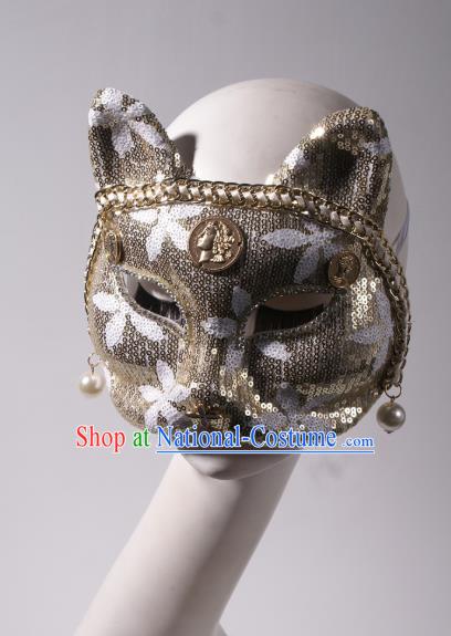 Handmade Stage Show Headpiece Halloween Cosplay Party Woman Fox Mask Costume Ball Golden Sequins Face Mask