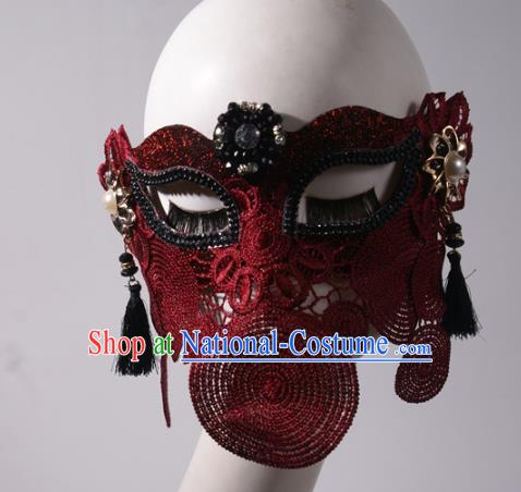 Handmade Costume Ball Wine Red Face Mask Stage Show Headpiece Halloween Cosplay Party Woman Mask