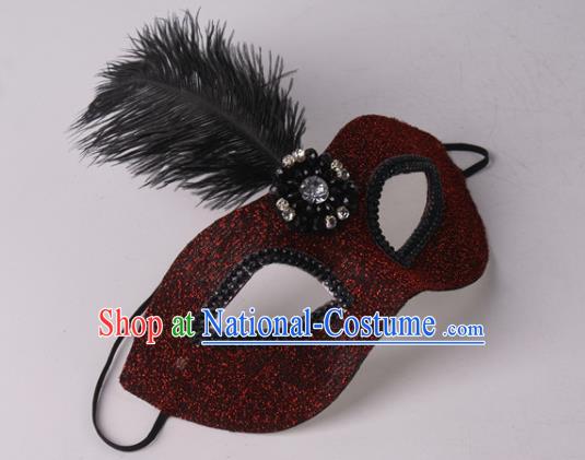 Handmade Halloween Cosplay Party Woman Dark Red Blinder Mask Costume Ball Face Mask Stage Show Feather Headpiece