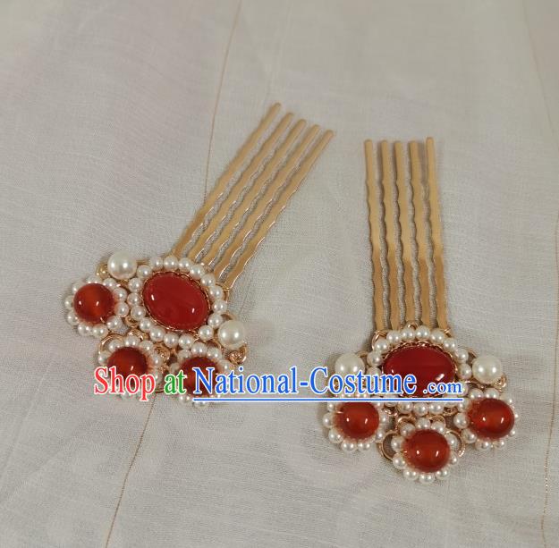 China Ming Dynasty Golden Hair Comb Traditional Ancient Empress Pearls Hair Accessories