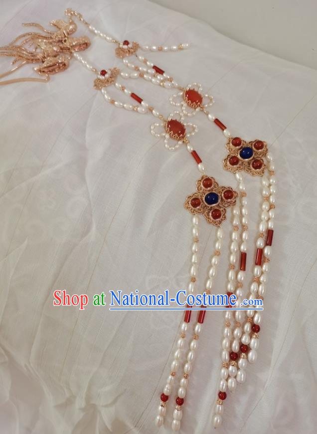 China Ming Dynasty Golden Phoenix Hair Stick Traditional Ancient Empress Hair Accessories Pearls Tassel Hairpin