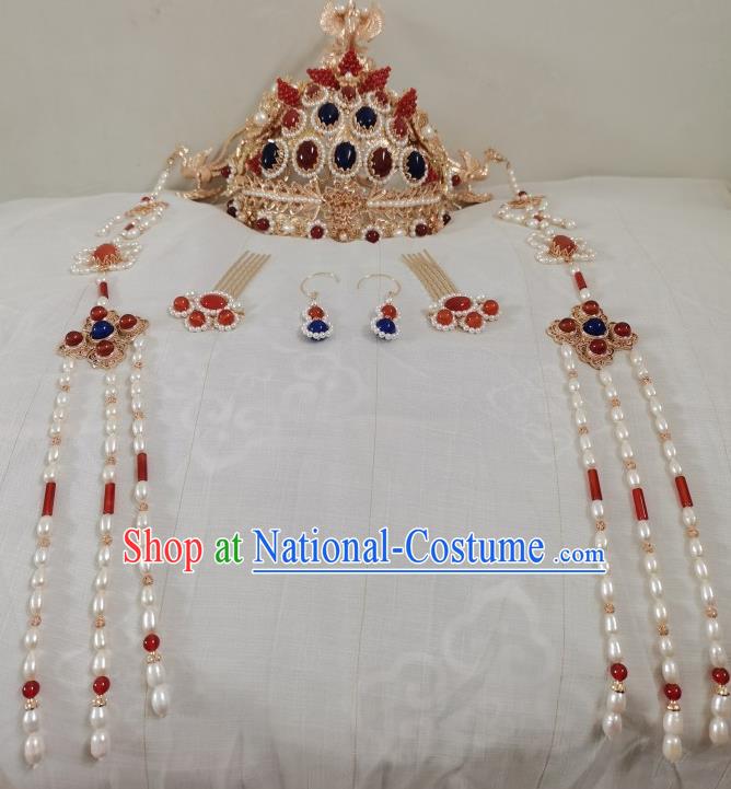 China Ming Dynasty Empress Gems Hair Crown Traditional Ancient Royal Queen Hair Accessories Golden Phoenix Coronet