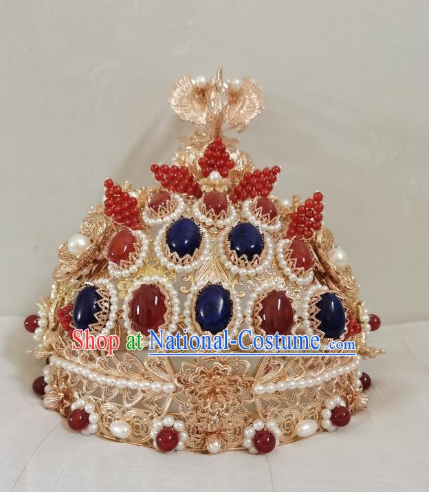 China Ming Dynasty Empress Gems Hair Crown Traditional Ancient Royal Queen Hair Accessories Golden Phoenix Coronet