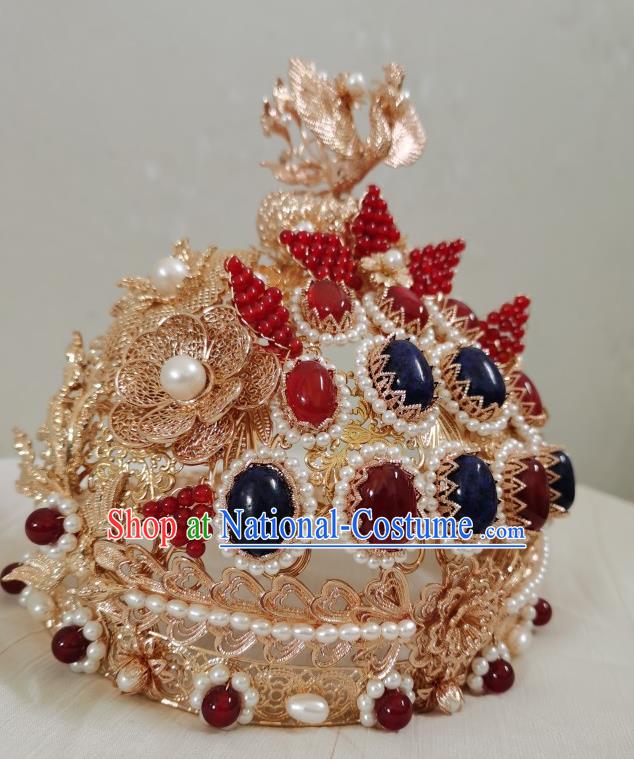 China Ming Dynasty Empress Gems Hair Crown Traditional Ancient Royal Queen Hair Accessories Golden Phoenix Coronet