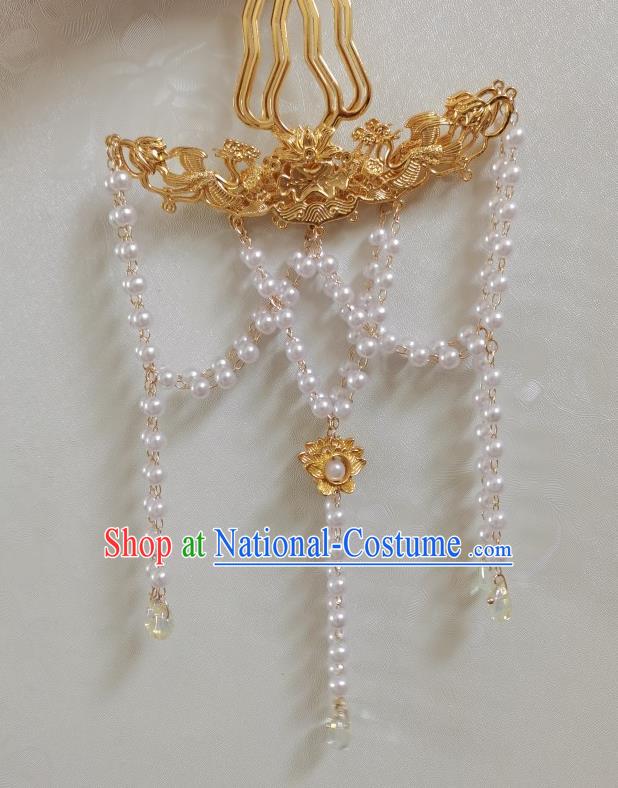 China Ming Dynasty Empress Golden Phoenix Hair Comb Traditional Hanfu Tassel Hair Stick Ancient Princess Hair Accessories