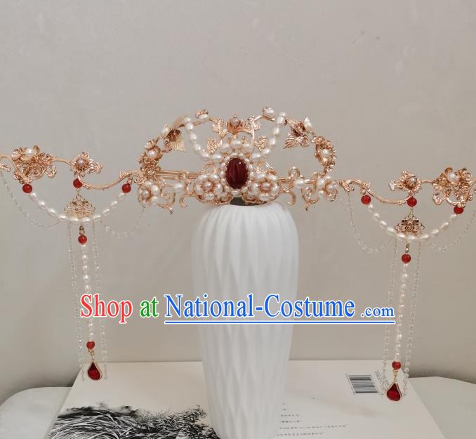 China Ancient Queen Hair Accessories Traditional Ming Dynasty Empress Pearls Hair Crown and Tassel Hairpins