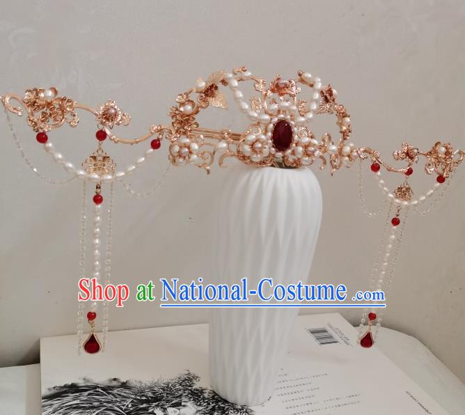 China Ancient Queen Hair Accessories Traditional Ming Dynasty Empress Pearls Hair Crown and Tassel Hairpins