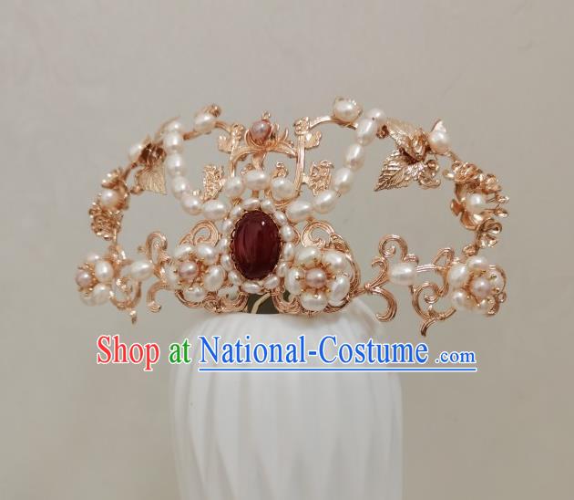 China Ancient Queen Hair Accessories Traditional Ming Dynasty Empress Pearls Hair Crown and Tassel Hairpins