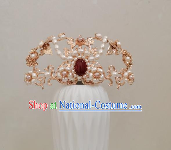 China Ancient Queen Hair Accessories Traditional Ming Dynasty Empress Pearls Hair Crown and Tassel Hairpins