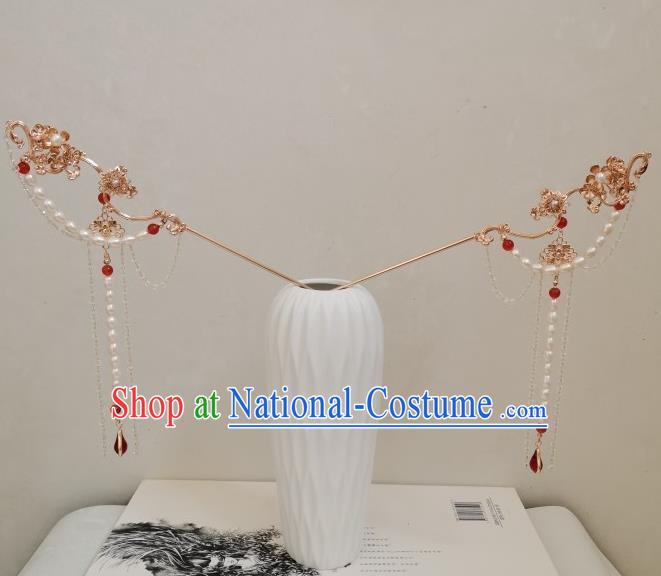 China Ancient Queen Hair Accessories Traditional Ming Dynasty Empress Pearls Hair Crown and Tassel Hairpins