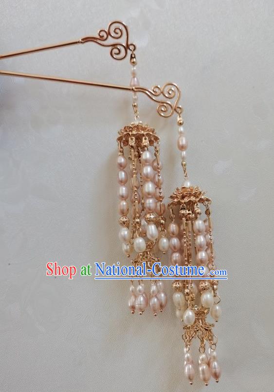 China Ancient Court Woman Golden Lotus Hair Accessories Traditional Tang Dynasty Empress Pearls Tassel Hairpin