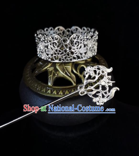 Chinese Traditional Tang Dynasty Prince Argent Hair Crown and Hairpin Ancient Nobility Childe Headwear