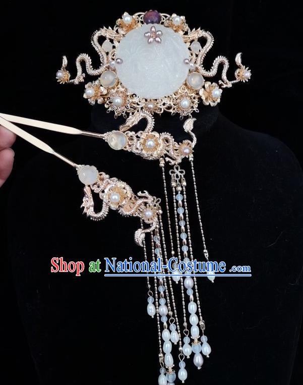 China Traditional Ming Dynasty Empress Jade Hair Crown and Tassel Hairpin Ancient Noble Lady Hair Accessories