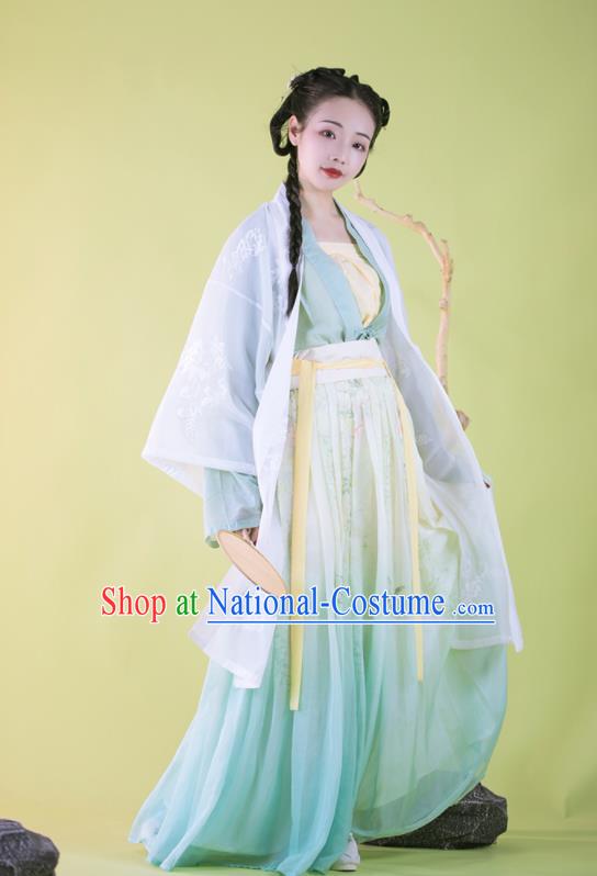 Traditional China Song Dynasty Young Beauty Historical Clothing Ancient Nobility Lady Blue Hanfu Dress Garments