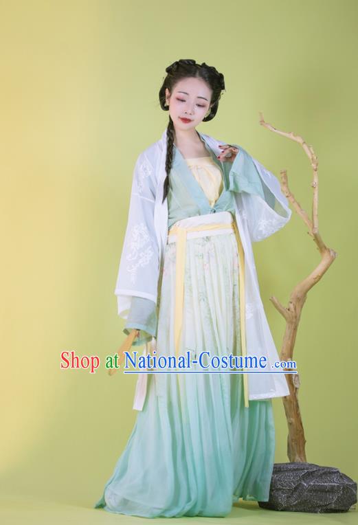 Traditional China Song Dynasty Young Beauty Historical Clothing Ancient Nobility Lady Blue Hanfu Dress Garments