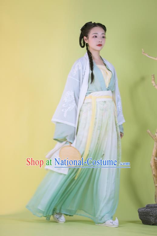 Traditional China Song Dynasty Young Beauty Historical Clothing Ancient Nobility Lady Blue Hanfu Dress Garments