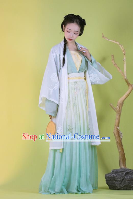 Traditional China Song Dynasty Young Beauty Historical Clothing Ancient Nobility Lady Blue Hanfu Dress Garments