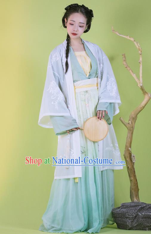 Traditional China Song Dynasty Young Beauty Historical Clothing Ancient Nobility Lady Blue Hanfu Dress Garments