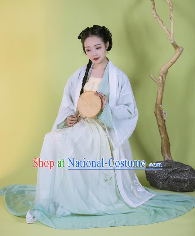 Traditional China Song Dynasty Young Beauty Historical Clothing Ancient Nobility Lady Blue Hanfu Dress Garments