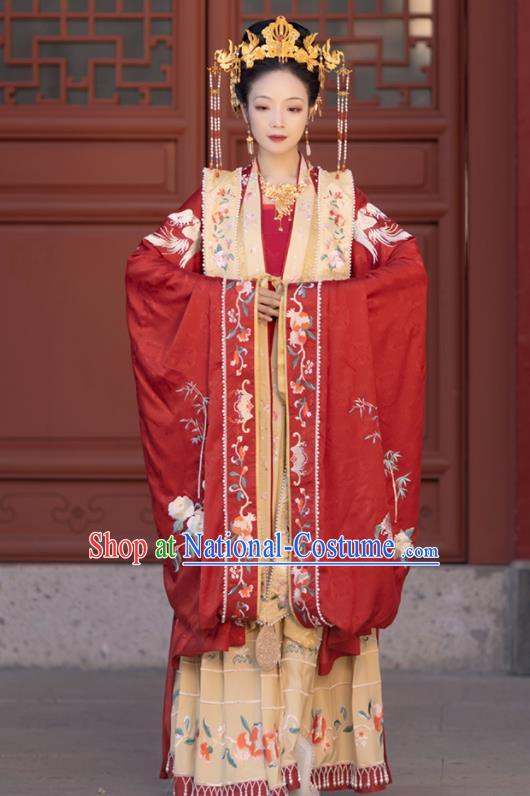 China Traditional Wedding Hanfu Garments Song Dynasty Empress Historical Clothing Ancient Queen Red Dress Apparels and Headdress Complete Set